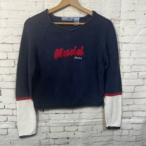 Vintage Y2K Mud Jeans Sweater Knit Navy Blue Red  V Neck 90’s Women Size Small